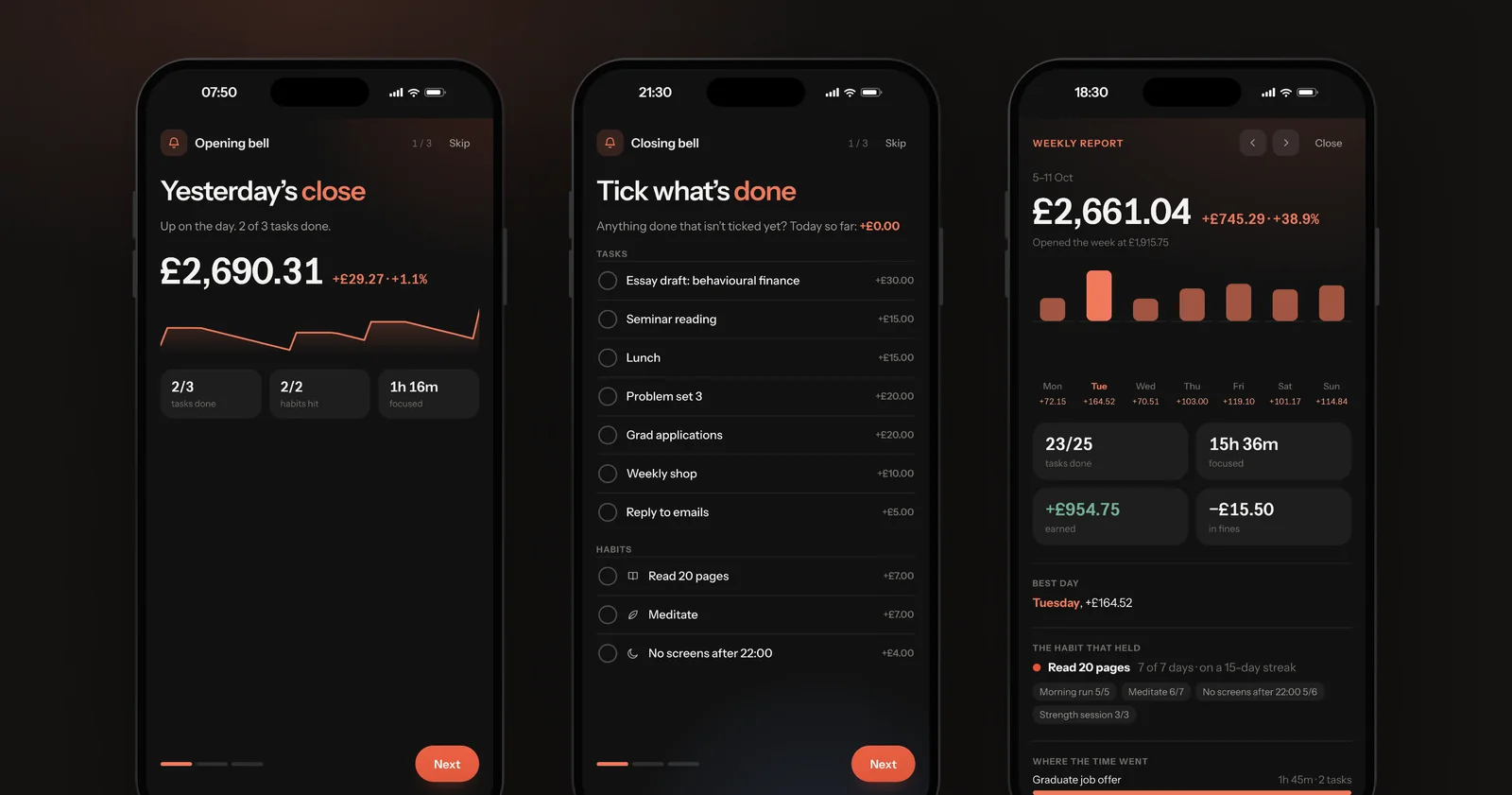 Three phone screens: the opening bell showing yesterday's close, the closing bell listing today's tasks and habits to tick off, and a weekly report with each day's move.