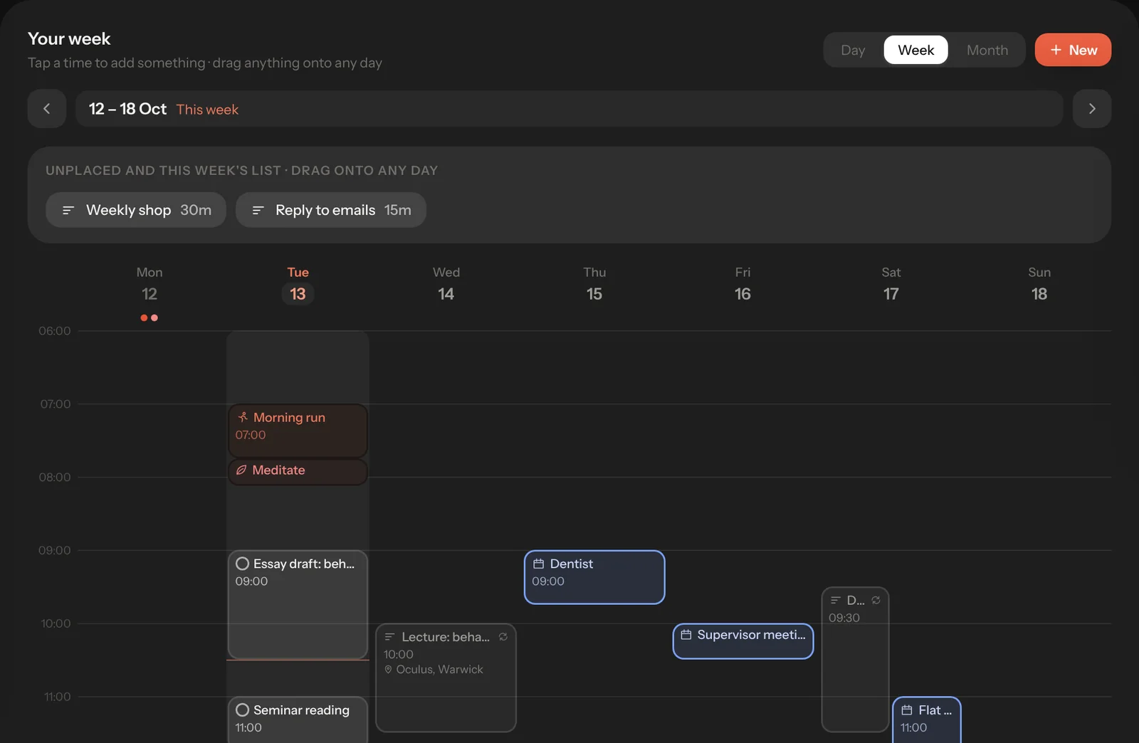 Ritual's week view: lectures, a dentist appointment and a supervisor meeting from Google Calendar, repeating lunch placeholders, and today's tasks and habits on the time grid.