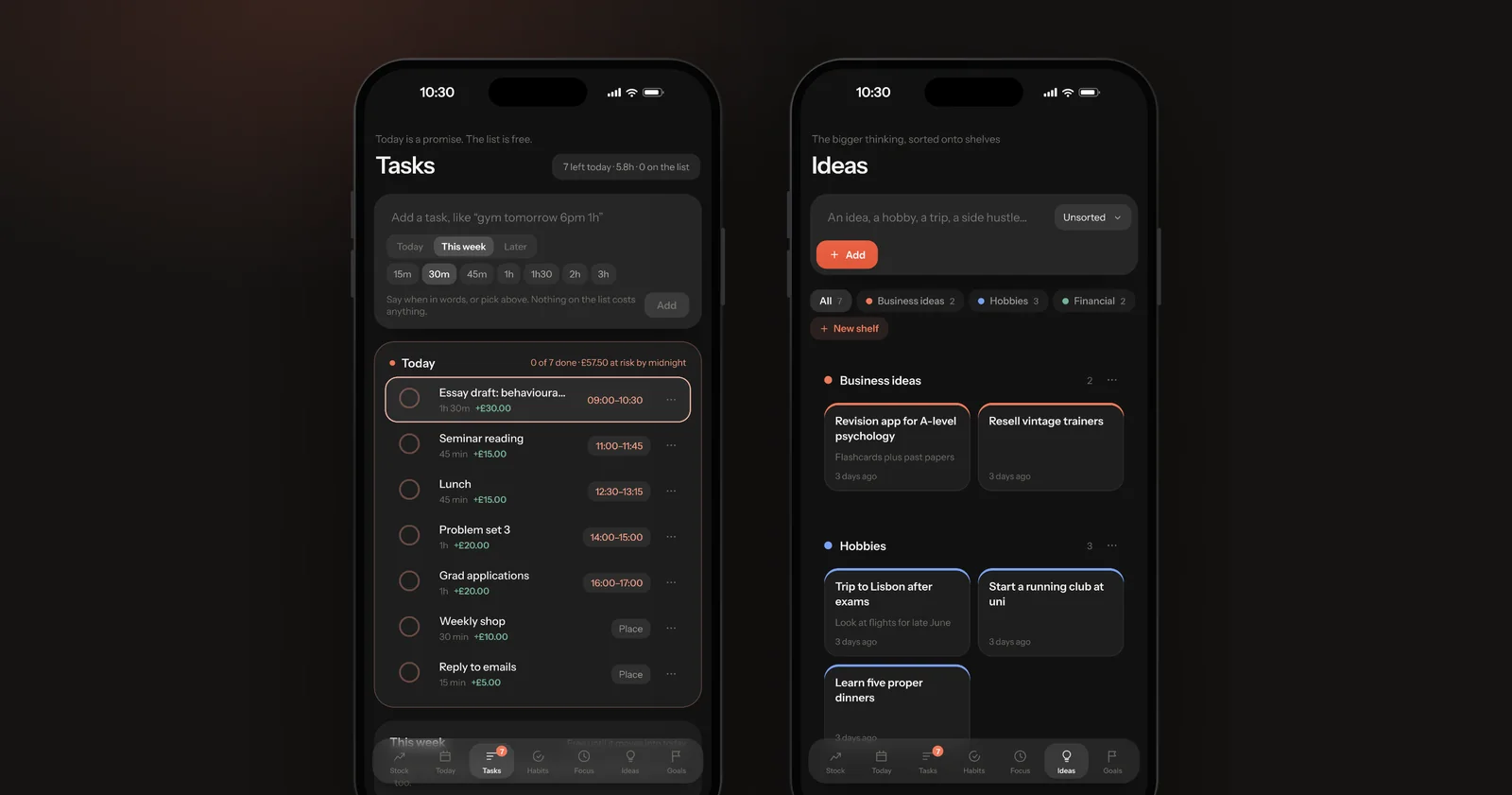Two phone screens: the Tasks list grouped into Today, This week and Later, and the Ideas gallery with ideas sorted onto Business ideas and Hobbies shelves.