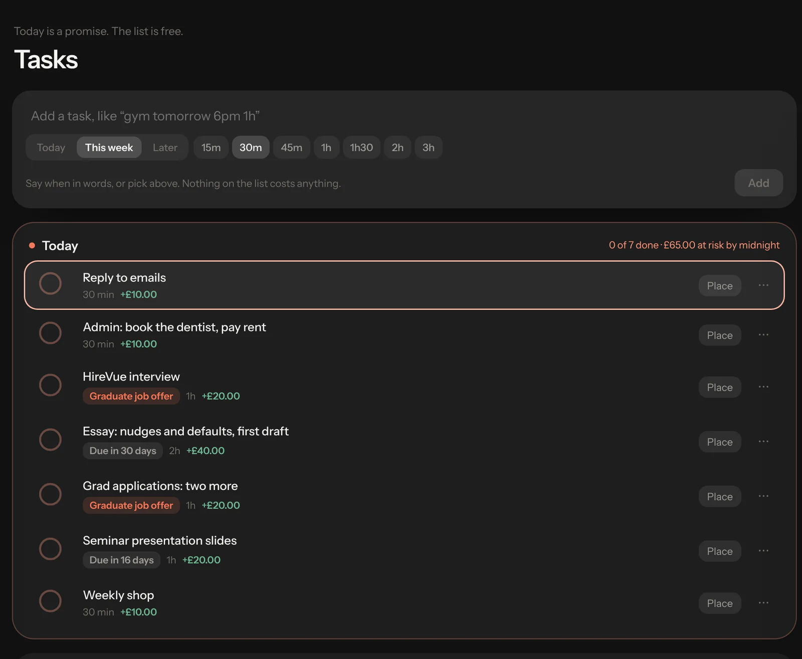Ritual's Tasks page with sample data: today's list of seven tasks, including replying to emails, admin, a HireVue interview, an essay first draft, two grad applications, seminar slides and the weekly shop, each with a length and its value.