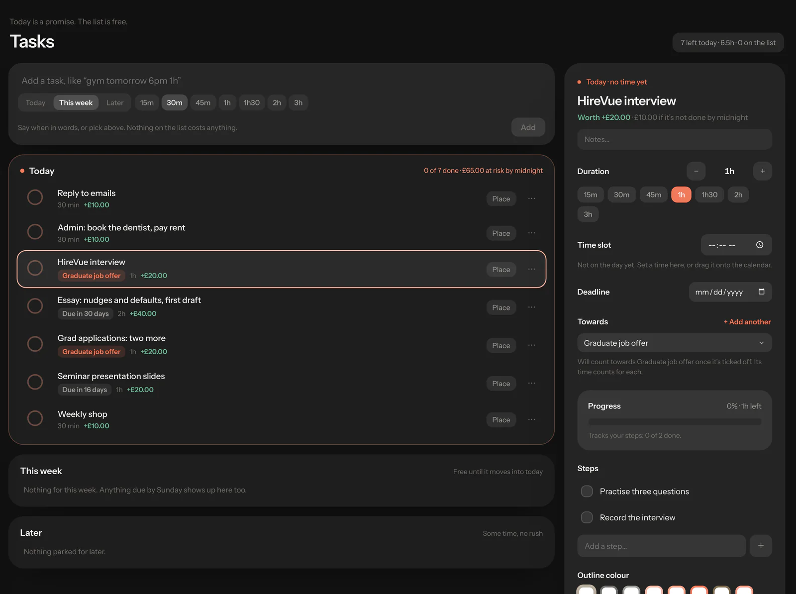 Ritual's Tasks page with a HireVue interview task open: a duration of one hour, put towards the goal Graduate job offer, with two steps, practise three questions and record the interview.