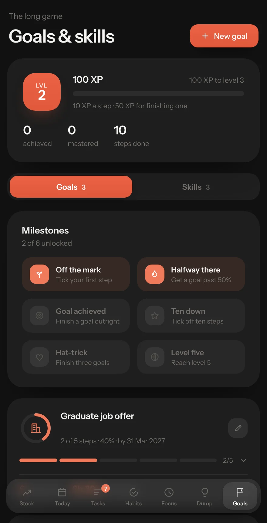 Ritual's Goals and skills screen: level 2 with 100 XP, milestones, and goals for a graduate job offer, a first-class dissertation and a half marathon.