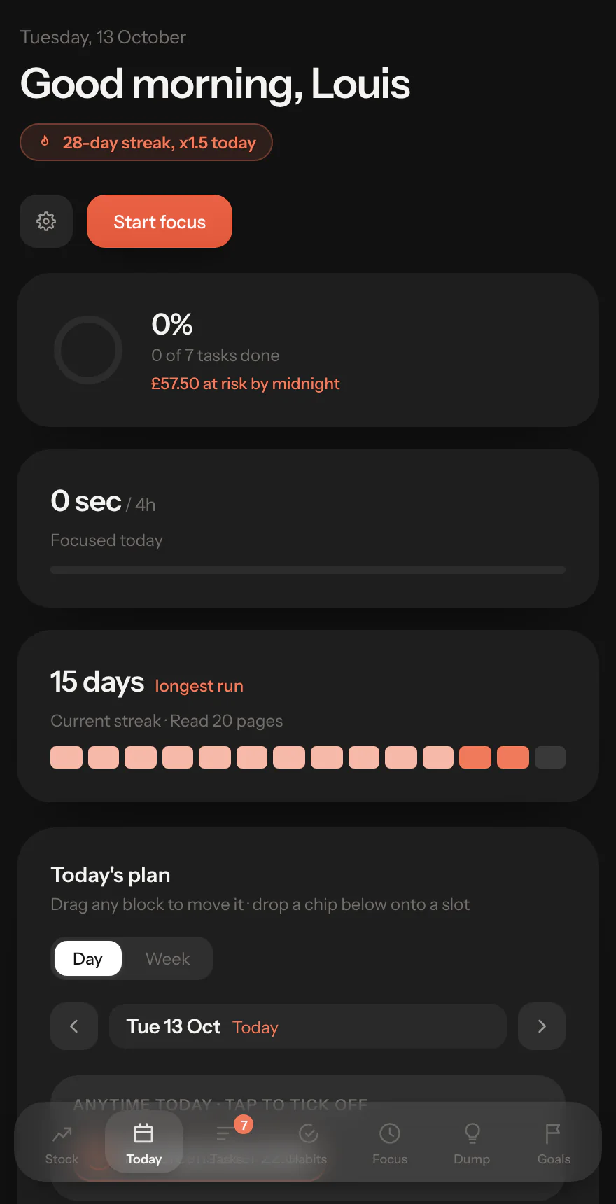 Ritual's Today screen: a 28-day streak at x1.5, the date with arrows to step through days, an Anytime today row, a time-blocked plan from 06:00 and a habit list beside it.